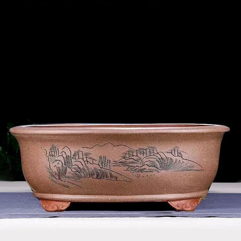 17.3 inch (44cm) Large Oval Bonsai Pot w Cloud Feet & Landscape Engraving Brown Color
