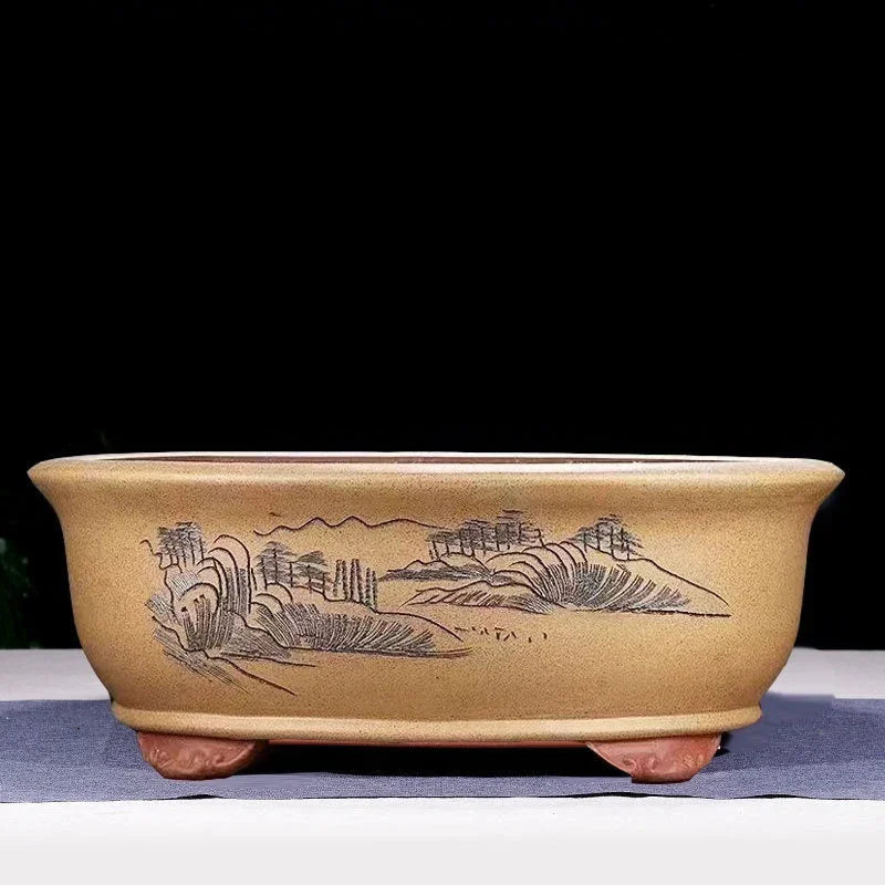 17.3 inch (44cm) Large Oval Bonsai Pot w Cloud Feet & Landscape Engraving Yellow Color