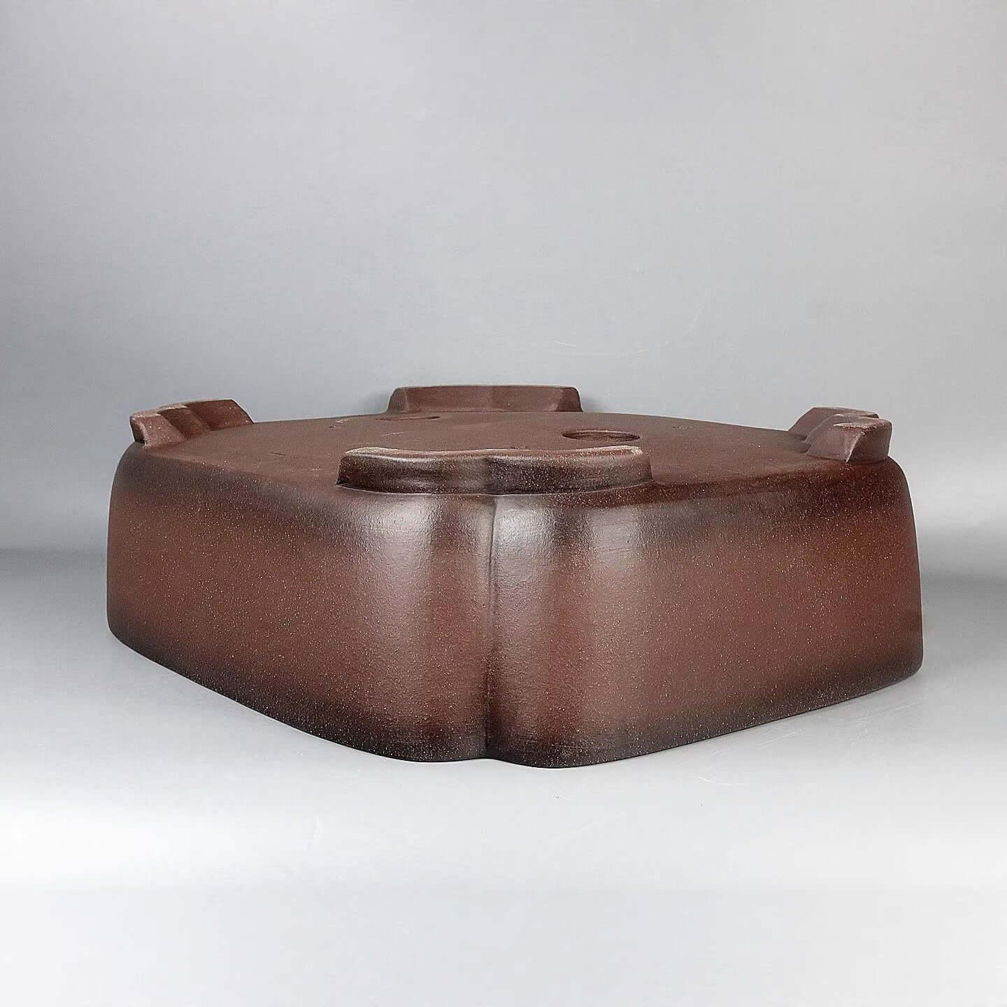 17.3 inch (44cm) Large Rectangle Dual-Tone Gradient Brown Bonsai Pot w Indented Corners Upside Down Corner View