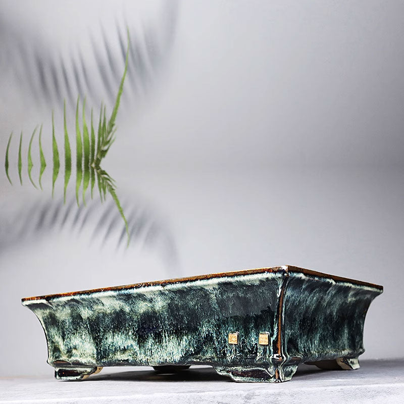 17.3 inch (44cm) Large Rectangular Exclusive Artistic Glaze Bonsai Pots Green Color Corner View