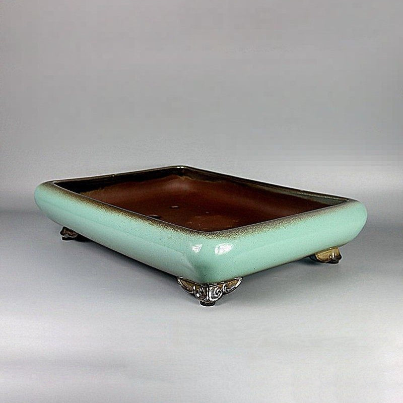 17.3 inch (44cm) Large Rectangular Green-Brown Dual Tone Shallow Bonsai Pot Corner View