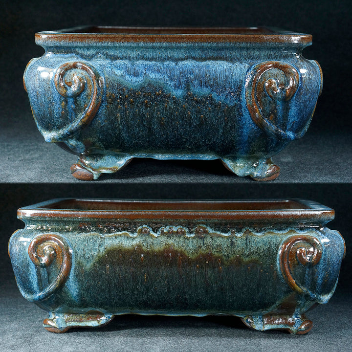 17.3 inch (44cm) Large Rectangular Jun Glaze Blue Multi-Tone Deep Bonsai Pot Side View