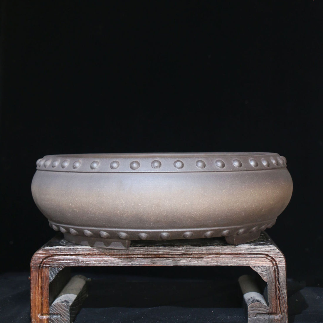 17.3 inch (44cm) Large Round Dual Tone Drum Bonsai Pot w Studded Rim & Base