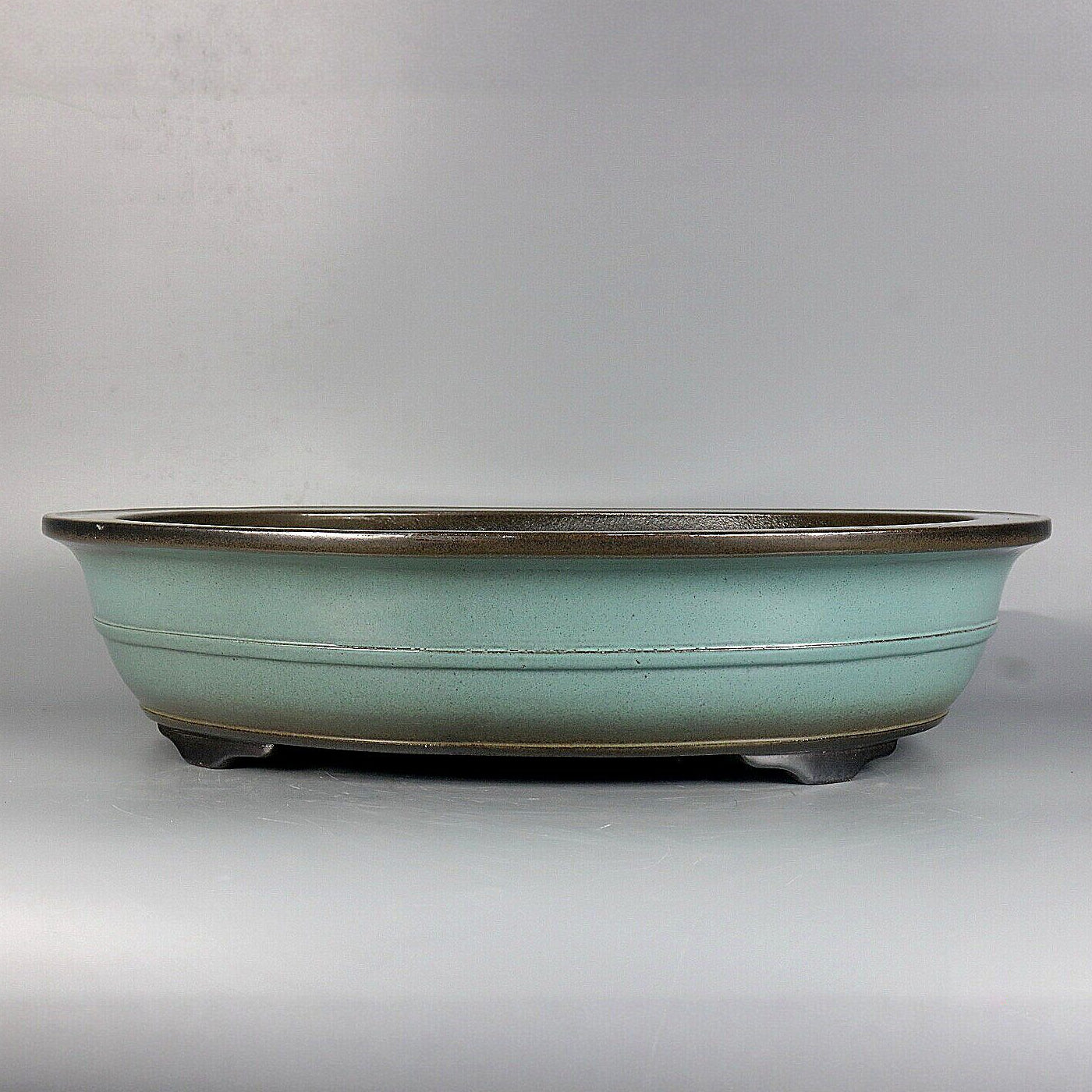 17.5 inch (44.5cm) Large Flared Oval Green Glazed Dual-Tone Bonsai Pot w Mid-Body Raised Band