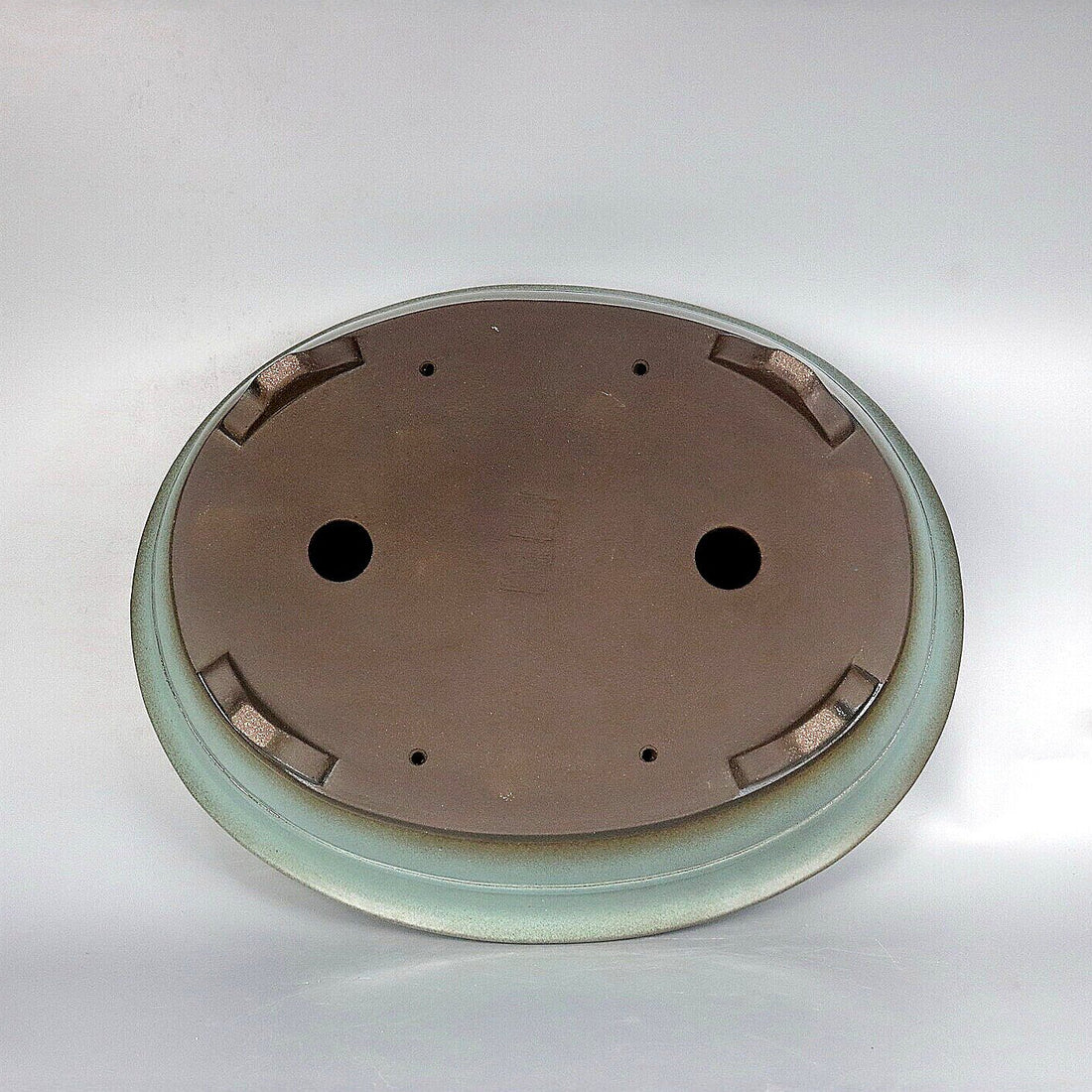 17.5 inch (44.5cm) Large Flared Oval Green Glazed Dual-Tone Bonsai Pot w Mid-Body Raised Band Bottom View