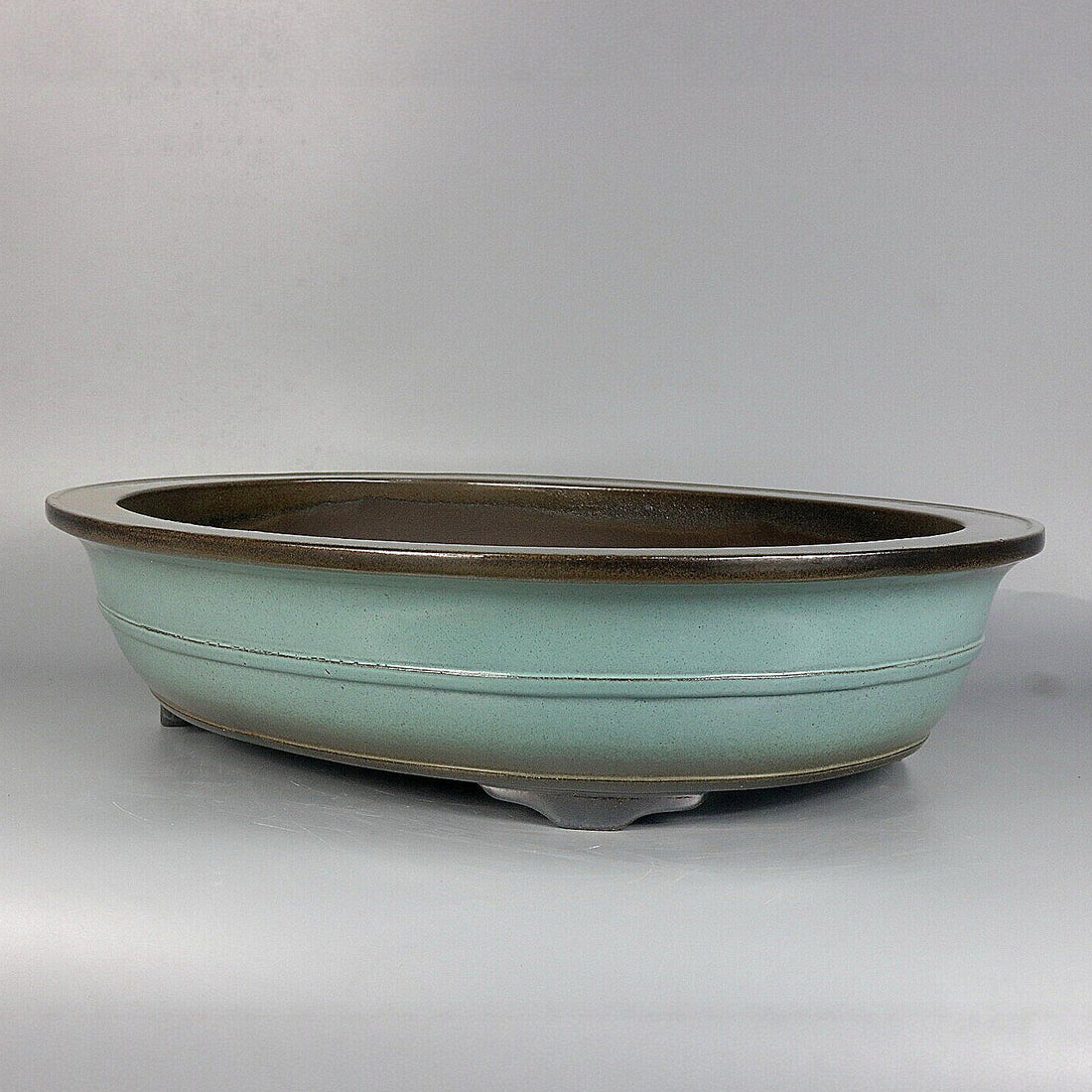 17.5 inch (44.5cm) Large Flared Oval Green Glazed Dual-Tone Bonsai Pot w Mid-Body Raised Band Corner View