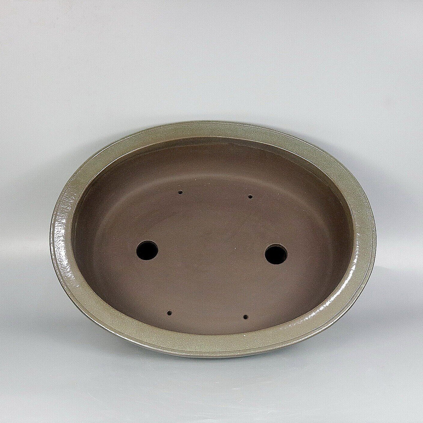 17.5 inch (44.5cm) Large Flared Oval Green Glazed Dual-Tone Bonsai Pot w Mid-Body Raised Band Inner View