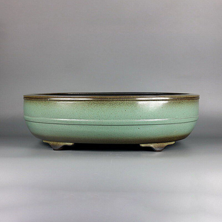17.5 inch (44.5cm) Large Oval Green-Brown Dual Tone Glaze Bonsai Pot w Mid-Body Raised Line