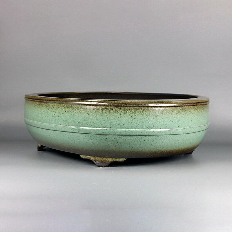 17.5 inch (44.5cm) Large Oval Green-Brown Dual Tone Glaze Bonsai Pot w Mid-Body Raised Line Corner View
