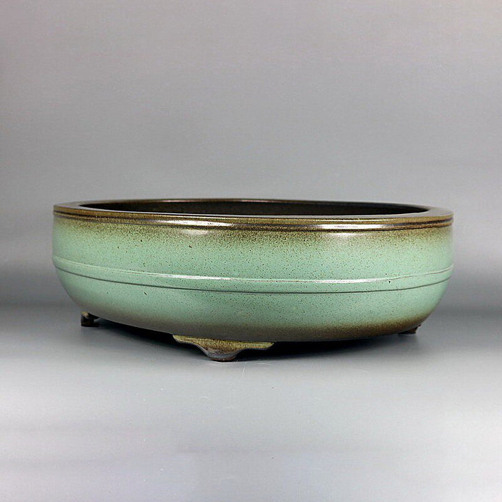 17.5 inch (44.5cm) Large Oval Green-Brown Dual Tone Glaze Bonsai Pot w Mid-Body Raised Line Corner View