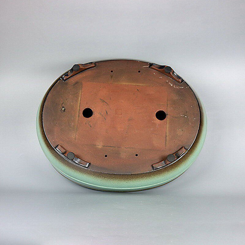 17.5 inch (44.5cm) Large Oval Green-Brown Dual Tone Glaze Bonsai Pot w Mid-Body Raised Line Upside Bottom View