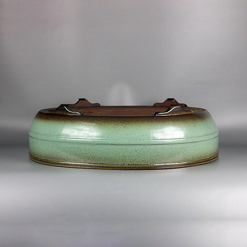 17.5 inch (44.5cm) Large Oval Green-Brown Dual Tone Glaze Bonsai Pot w Mid-Body Raised Line Upside Down View