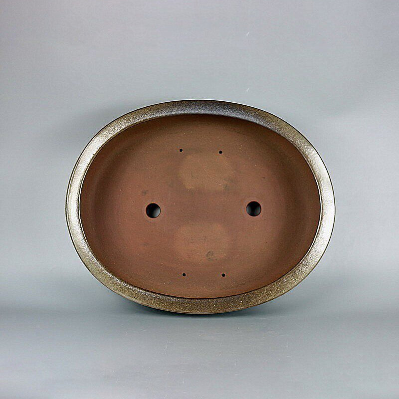 17.5 inch (44.5cm) Large Oval Green-Brown Dual Tone Glaze Bonsai Pot w Mid-Body Raised Line Upside Inner View