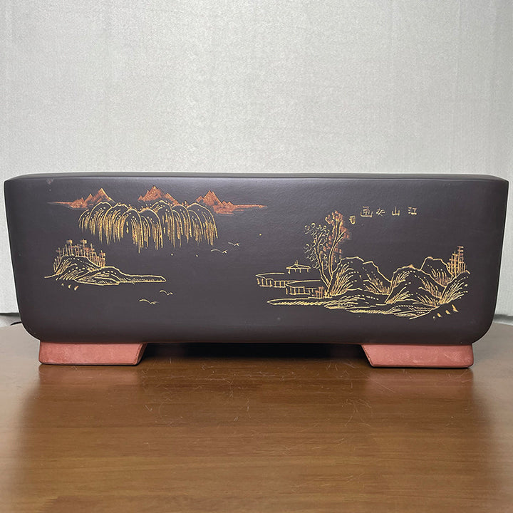 17.5 inch (44.5cm) Large Rectangle Landscape & Calligraphy Engraved Black Deep Bonsai Pot
