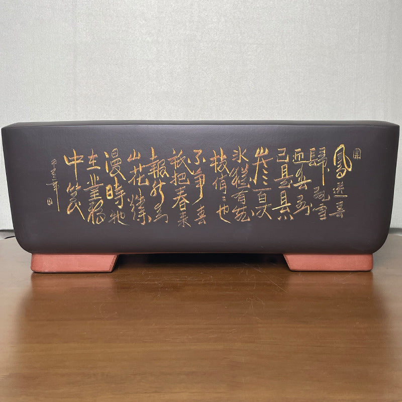 17.5 inch (44.5cm) Large Rectangle Landscape & Calligraphy Engraved Black Deep Bonsai Pot Back View