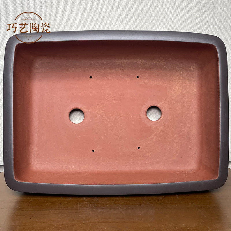 17.5 inch (44.5cm) Large Rectangle Landscape & Calligraphy Engraved Black Deep Bonsai Pot Inner View