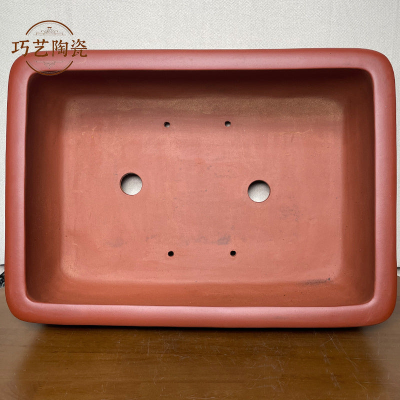 17.5 inch (44.5cm) Large Rectangle Landscape & Calligraphy Engraved Brown Deep Bonsai Pot Inner View