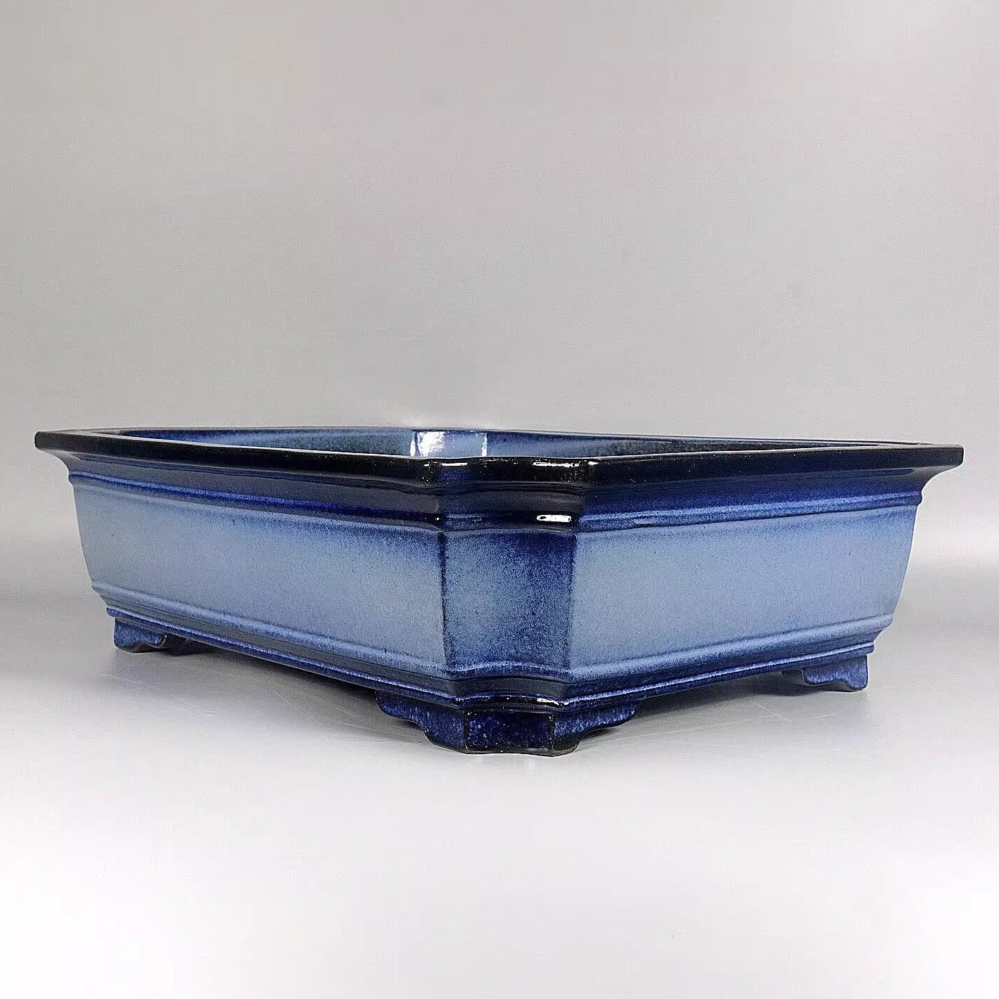 17.5 inch (44.5cm) Large Rectangular Blue Dual Tone Glaze Corner-Cut Bonsai Pot Corner View