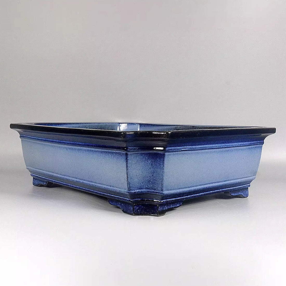 17.5 inch (44.5cm) Large Rectangular Blue Dual Tone Glaze Corner-Cut Bonsai Pot Corner View