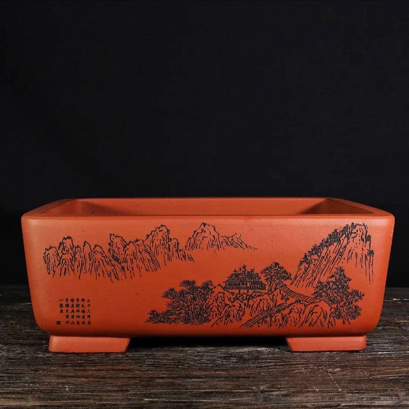 17.5 inch (44.5cm) Large Rectangular Bonsai Pot w Carved Landscape Design