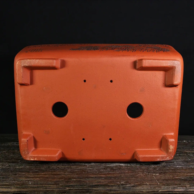 17.5 inch (44.5cm) Large Rectangular Bonsai Pot w Carved Landscape Design Bottom View