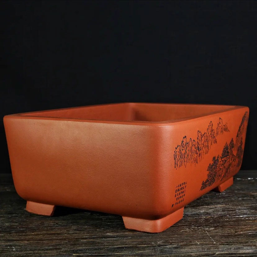 17.5 inch (44.5cm) Large Rectangular Bonsai Pot w Carved Landscape Design Corner View