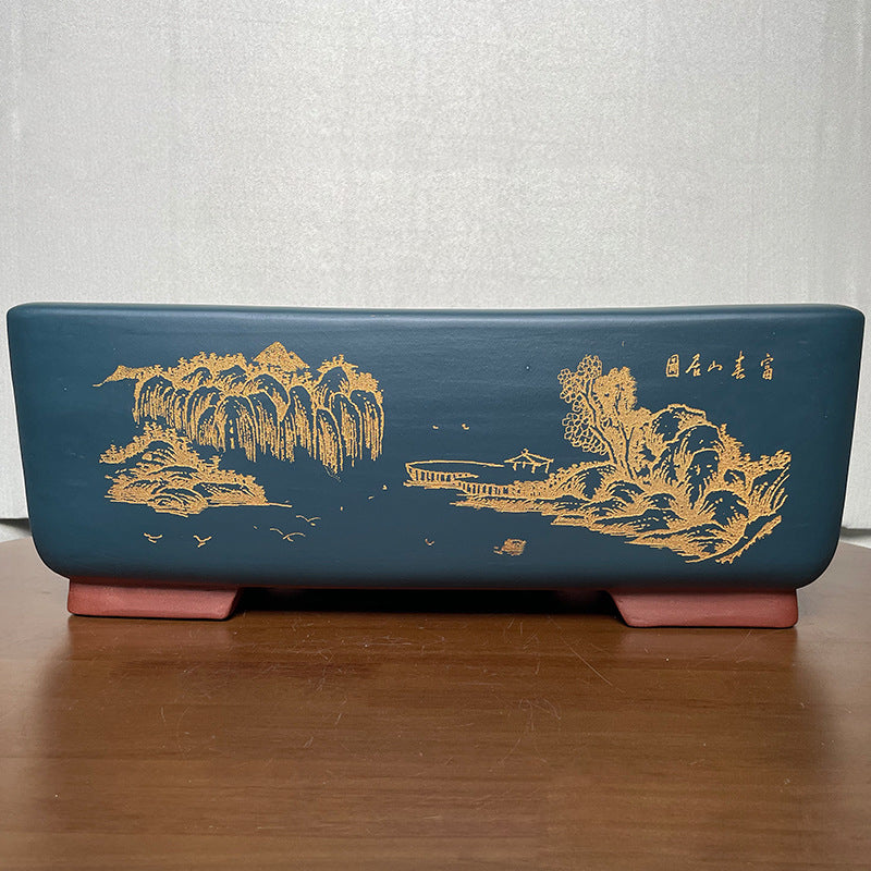 17.5 inch (44.5cm) Large Rectangular Landscape & Calligraphy Engraved Blue Bonsai Pot
