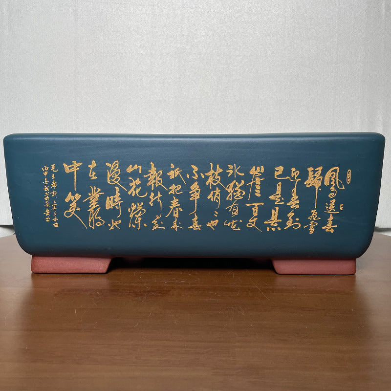 17.5 inch (44.5cm) Large Rectangular Landscape & Calligraphy Engraved Blue Bonsai Pot Back View