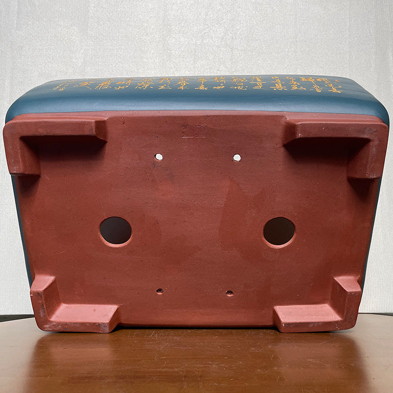 17.5 inch (44.5cm) Large Rectangular Landscape & Calligraphy Engraved Blue Bonsai Pot Bottom View