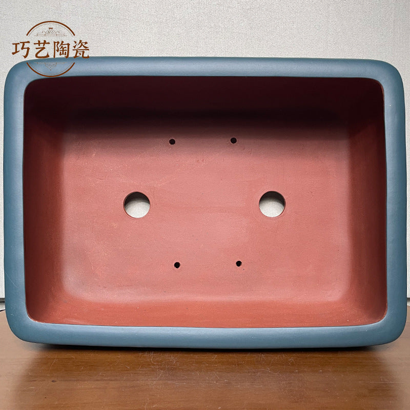 17.5 inch (44.5cm) Large Rectangular Landscape & Calligraphy Engraved Blue Bonsai Pot Inner View