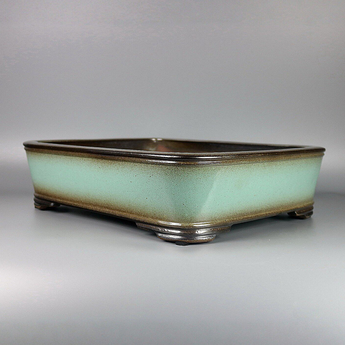 17.5 inch (44.5cm) Large Soft Corner Rectangular Green-Brown Dual Tone Glazed Bonsai Pot Corner View