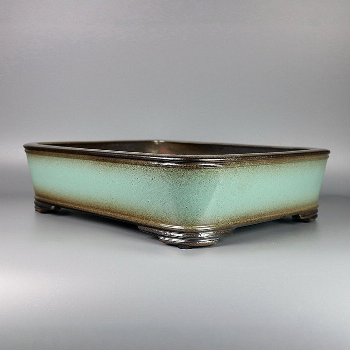17.5 inch (44.5cm) Large Soft Corner Rectangular Green-Brown Dual Tone Glazed Bonsai Pot Corner View