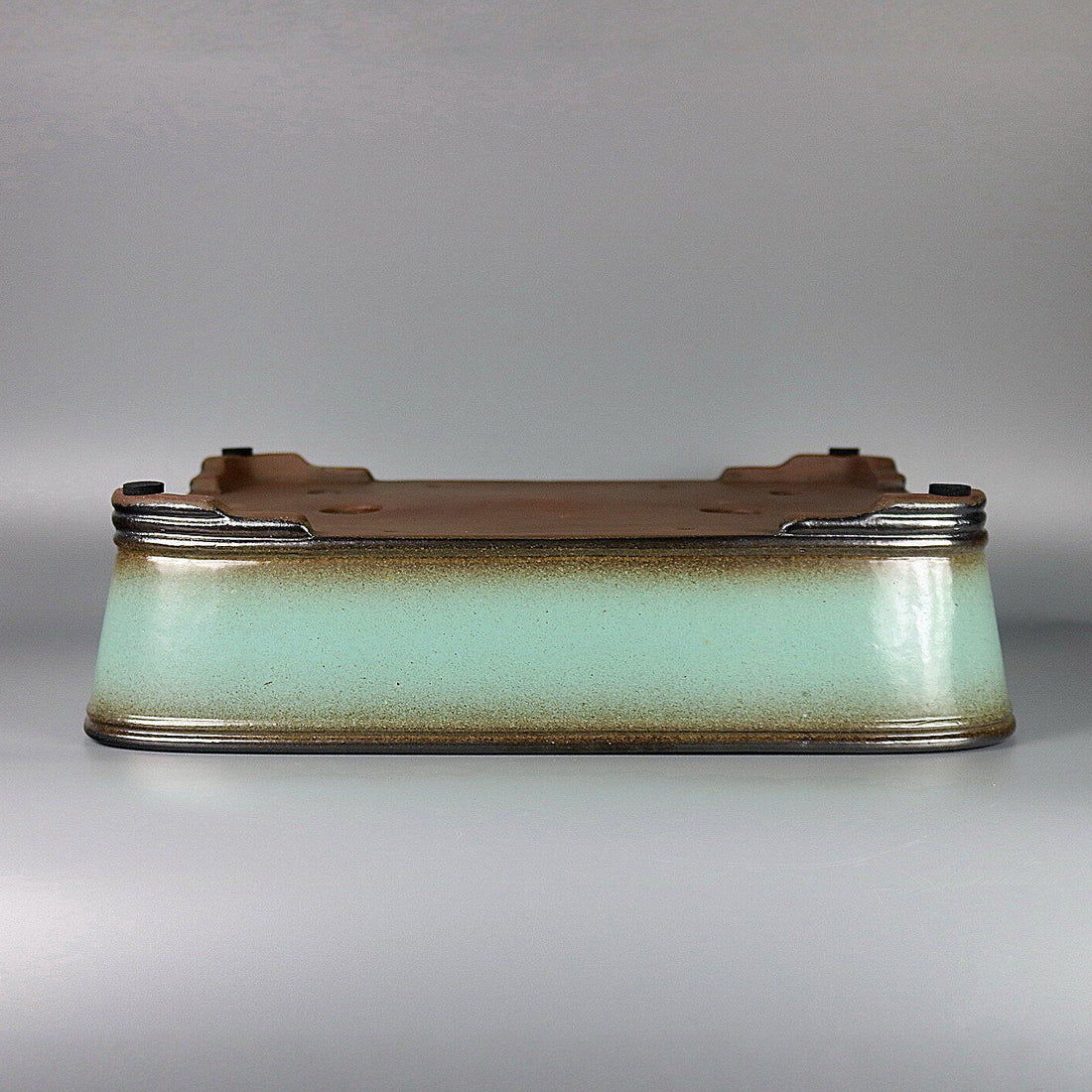 17.5 inch (44.5cm) Large Soft Corner Rectangular Green-Brown Dual Tone Glazed Bonsai Pot Upside Down View