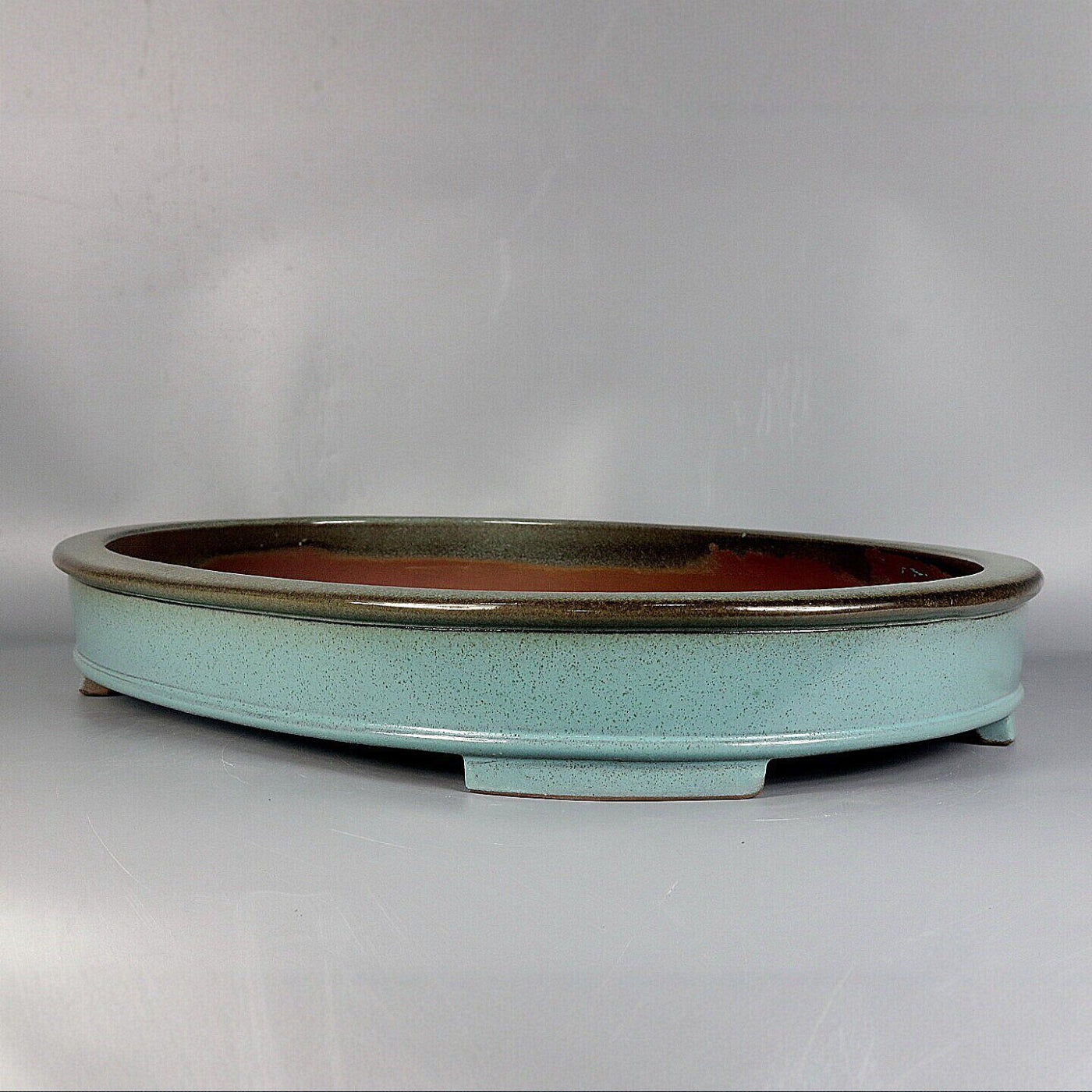 17.7 inch (45cm) Extra Large Shallow Green Glazed Forest Bonsai Pot w Dark Rim Corner View