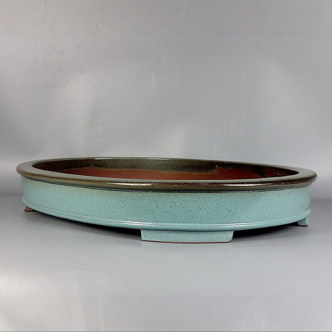 17.7 inch (45cm) Extra Large Shallow Green Glazed Forest Bonsai Pot w Dark Rim Corner View