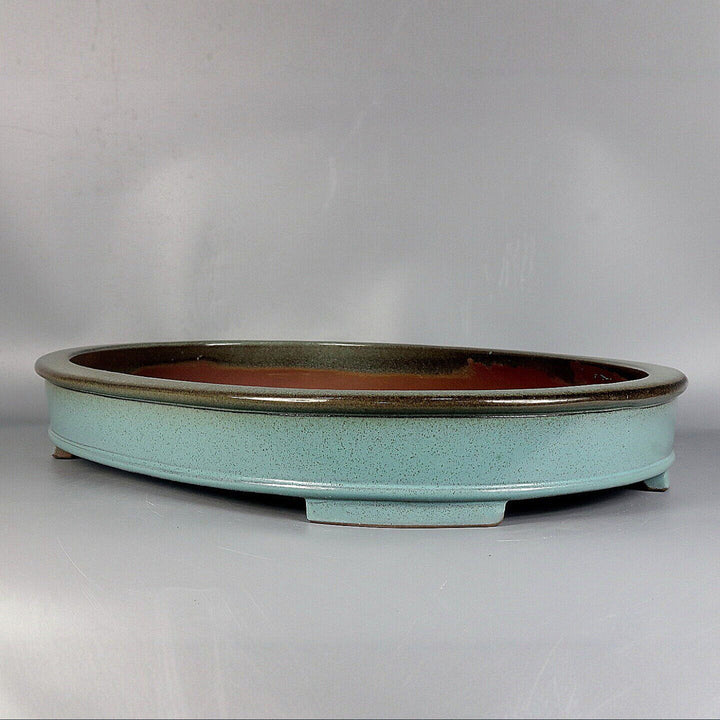 17.7 inch (45cm) Extra Large Shallow Green Glazed Forest Bonsai Pot w Dark Rim Corner View
