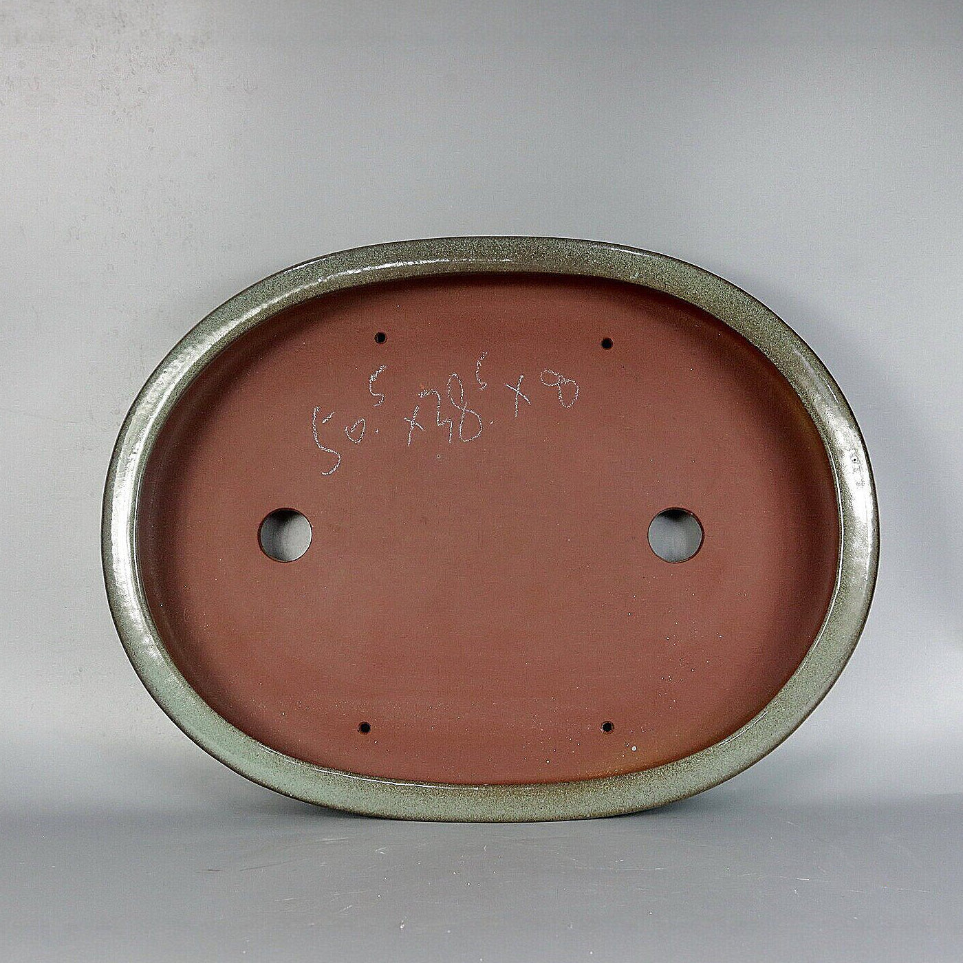 17.7 inch (45cm) Extra Large Shallow Green Glazed Forest Bonsai Pot w Dark Rim Inner View