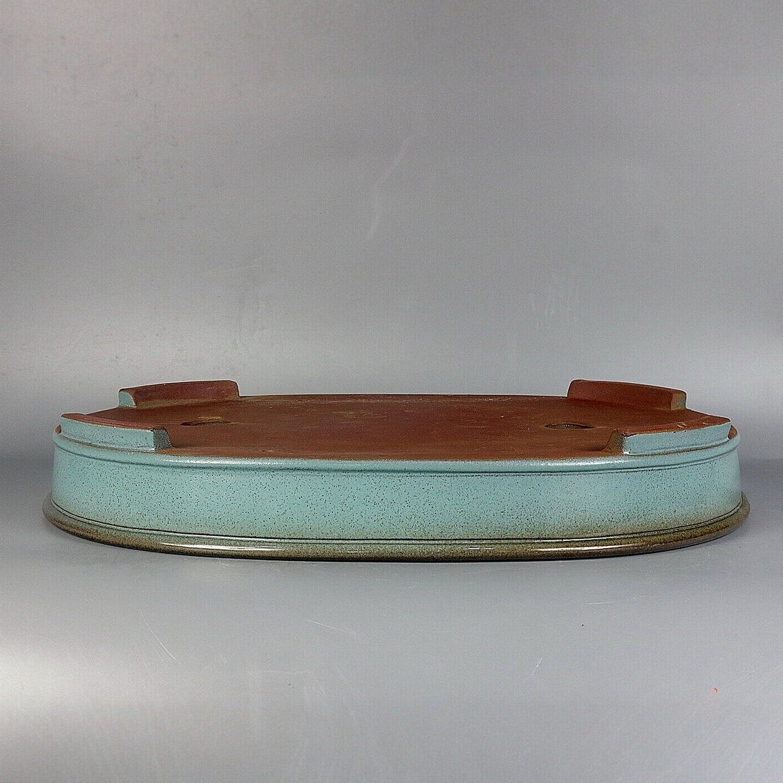 17.7 inch (45cm) Extra Large Shallow Green Glazed Forest Bonsai Pot w Dark Rim Upside Down View