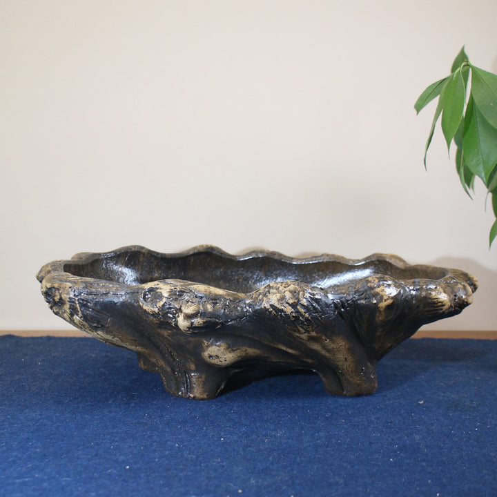 17.7 inch (45cm) Large Abstract Shaped Black & Brown Raised Feet Bonsai Pot