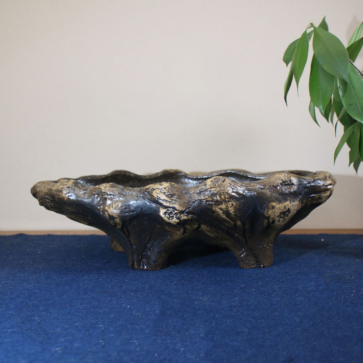 17.7 inch (45cm) Large Abstract Shaped Black & Brown Raised Feet Bonsai Pot Back View