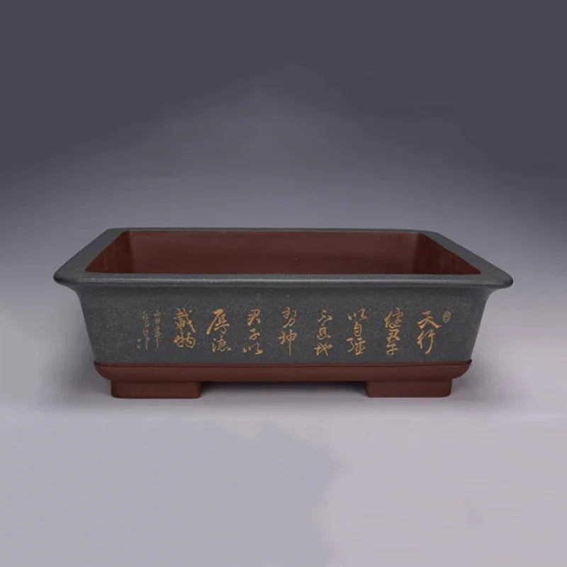 17.7 inch (45cm) Large Classic Rectangular Bonsai Pot w Chinese Calligraphy Blue Color