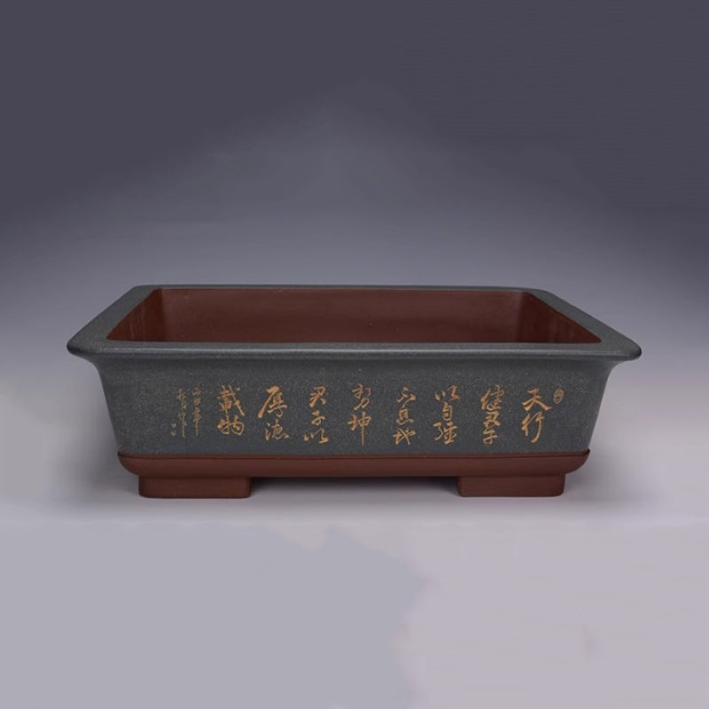 17.7 inch (45cm) Large Classic Rectangular Bonsai Pot w Chinese Calligraphy Blue Color