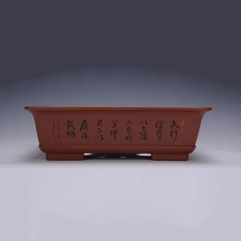 17.7 inch (45cm) Large Classic Rectangular Bonsai Pot w Chinese Calligraphy Brown Color
