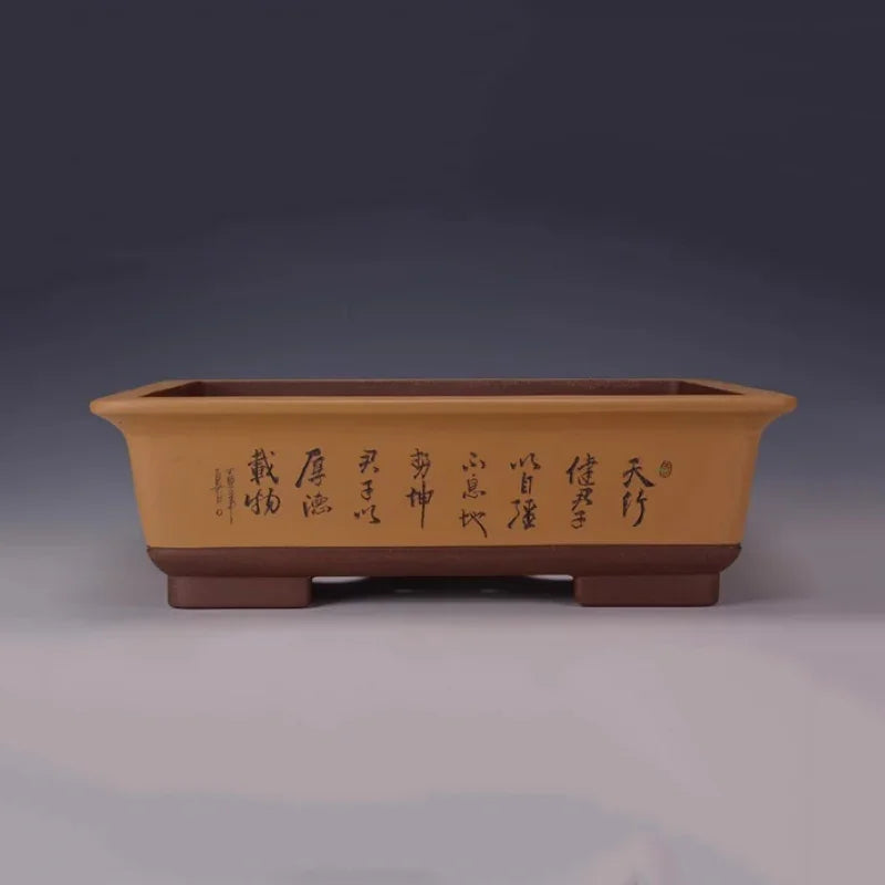 17.7 inch (45cm) Large Classic Rectangular Bonsai Pot w Chinese Calligraphy Yellow Color