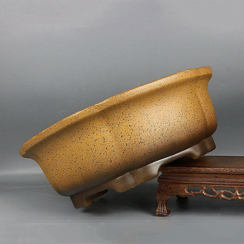 17.7 inch (45cm) Large Hexagonal Yellow-Brown Speckled Finish Deep Bonsai Pot Corner View
