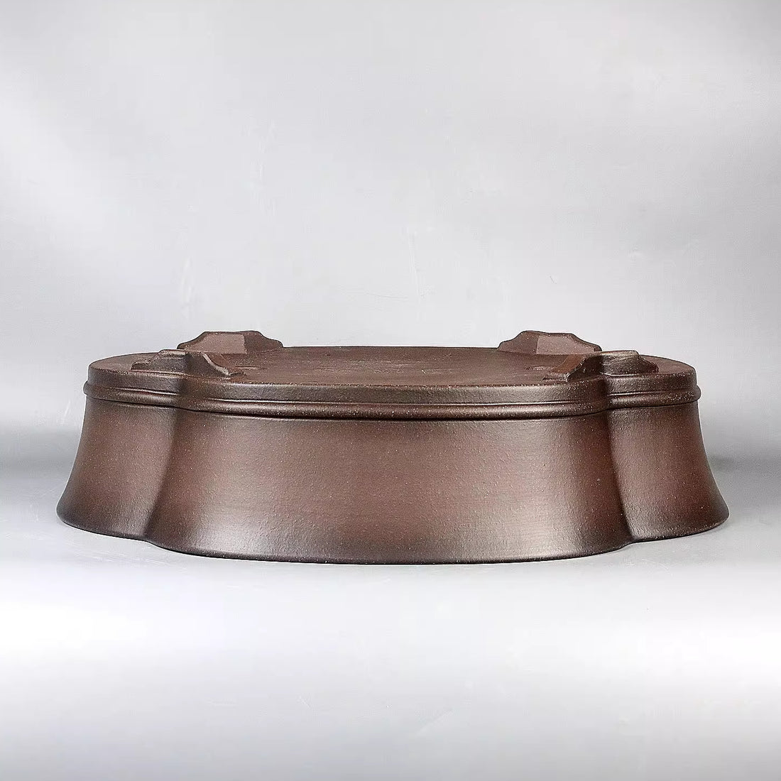 17.7 inch (45cm) Large Lotus-Shaped Unglazed Dark Brown Premium Bonsai Pot Upside Down View
