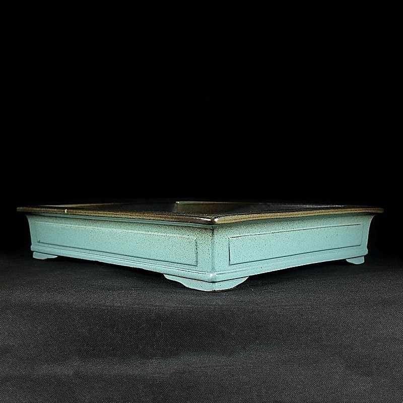 17.7 inch (45cm) Large Rectangle Green Glaze Bonsai Pot w Subtle Panel Detailing Corner View