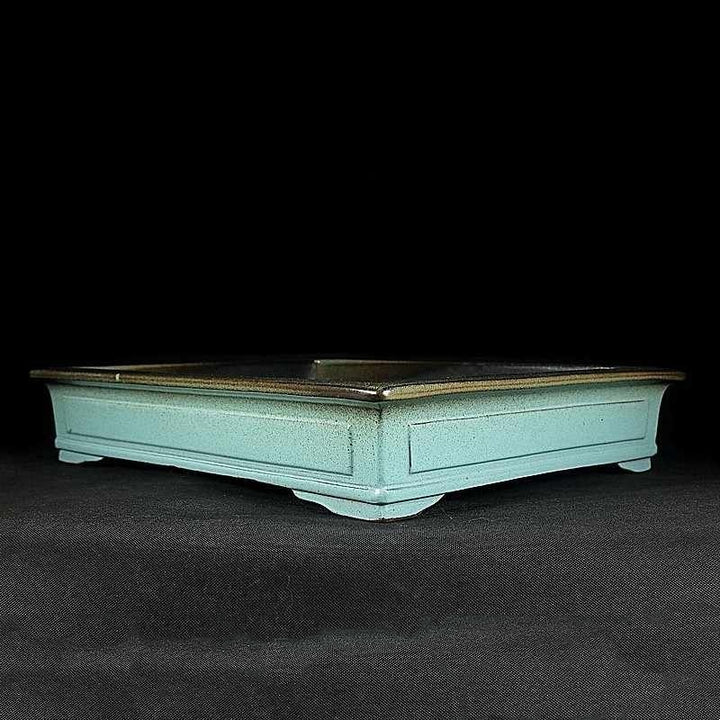 17.7 inch (45cm) Large Rectangle Green Glaze Bonsai Pot w Subtle Panel Detailing Corner View