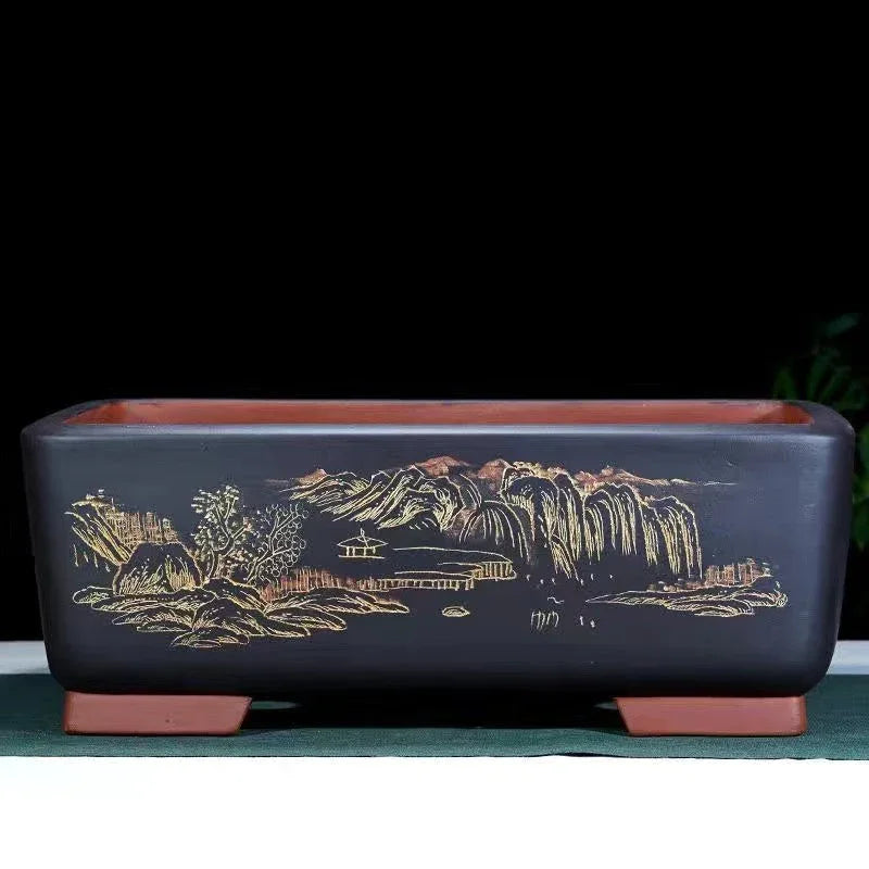 17.7 inch (45cm) Large Rectangular Bonsai Pot w Scenic Landscape Engraving Black Color