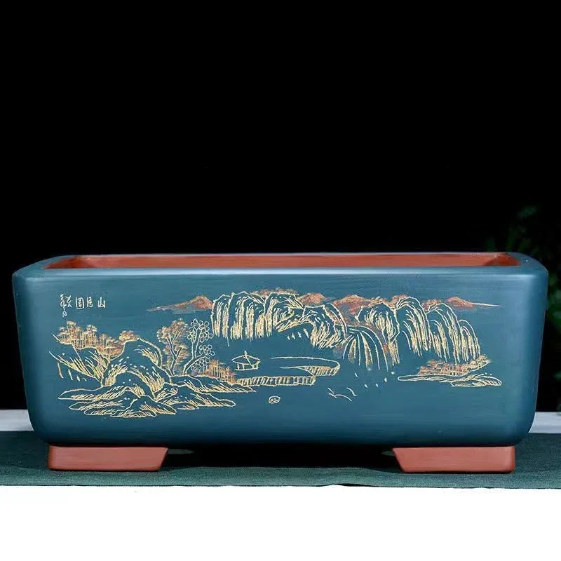 17.7 inch (45cm) Large Rectangular Bonsai Pot w Scenic Landscape Engraving Blue Color